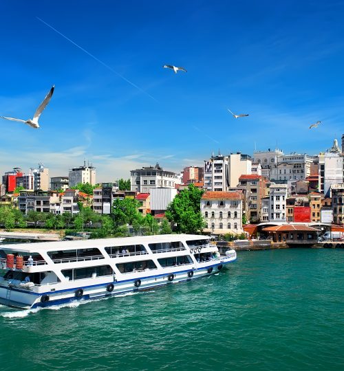 Cityscape of Istanbul with the view on Galata Tower and boats in Golden Horn bay, Turkey