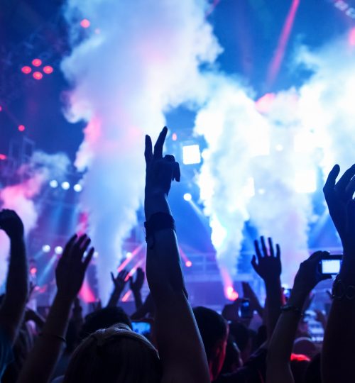 Picture of rock concert, music festival, New Year eve celebration, party in nightclub, dance floor, disco club, many people standing with raised hands up and clapping, happiness and night life concept