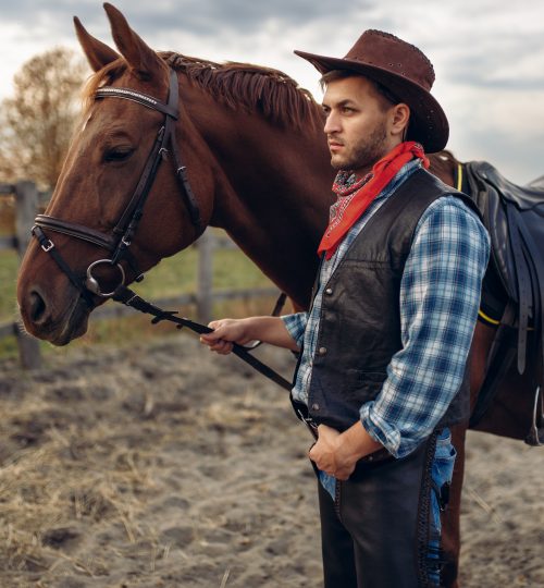 Cowboy in jeans and leather jacket poses with horse on texas farm, western. Vintage male person with animal, american culture