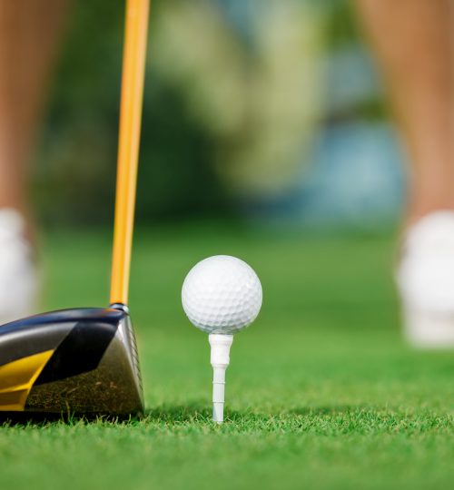 Golf ball and stick with golfer legs in background